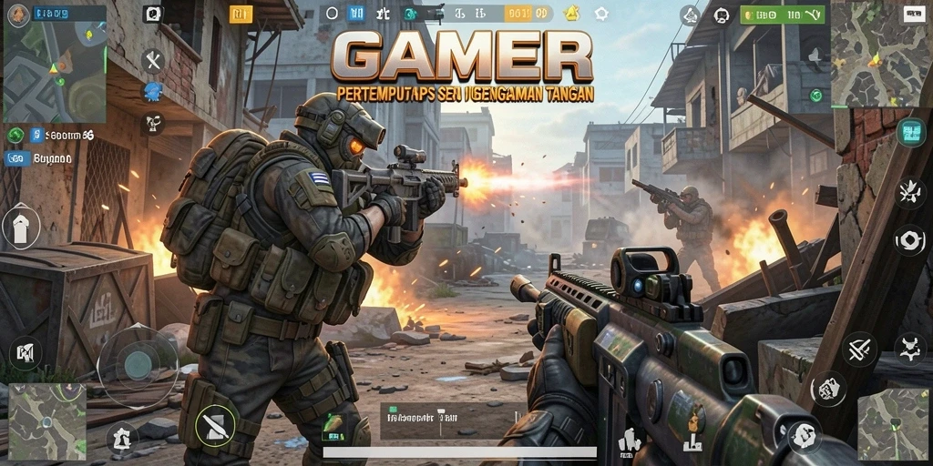 Tampilan screenshot GAMERP menunjukkan aksi tembak-menembak yang mendebarkan.