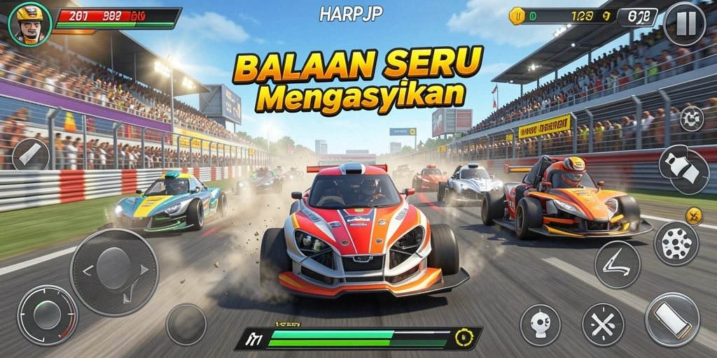 Tampilan gameplay seru dengan mobil balap yang cepat.