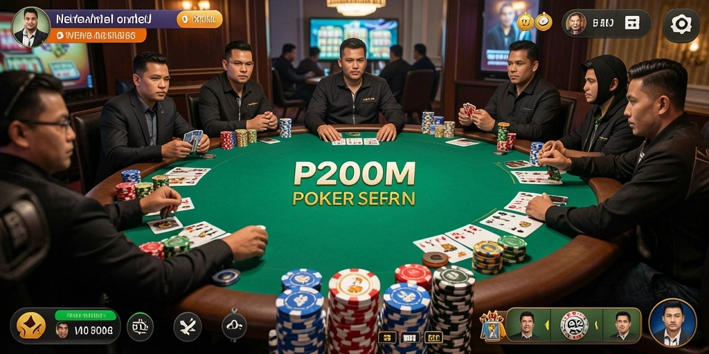Tampilan utama gameplay P200M yang menampilkan suasana Poker yang seru.