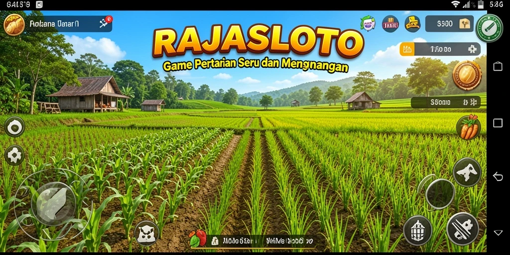 Screenshot gameplay RAJASLOTO menampilkan aktivitas seru di pertanian.
