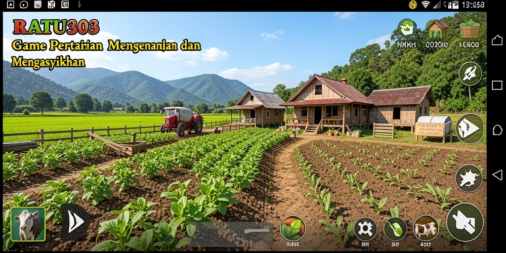 Tangkapan layar dari gameplay RATU303 menampilkan lahan pertanian yang subur dan hewan lucu.