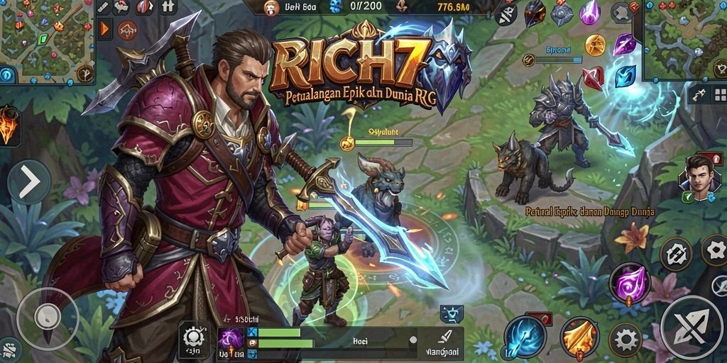 Screenshot RICH7 menampilkan pertempuran seru di dunia RPG.
