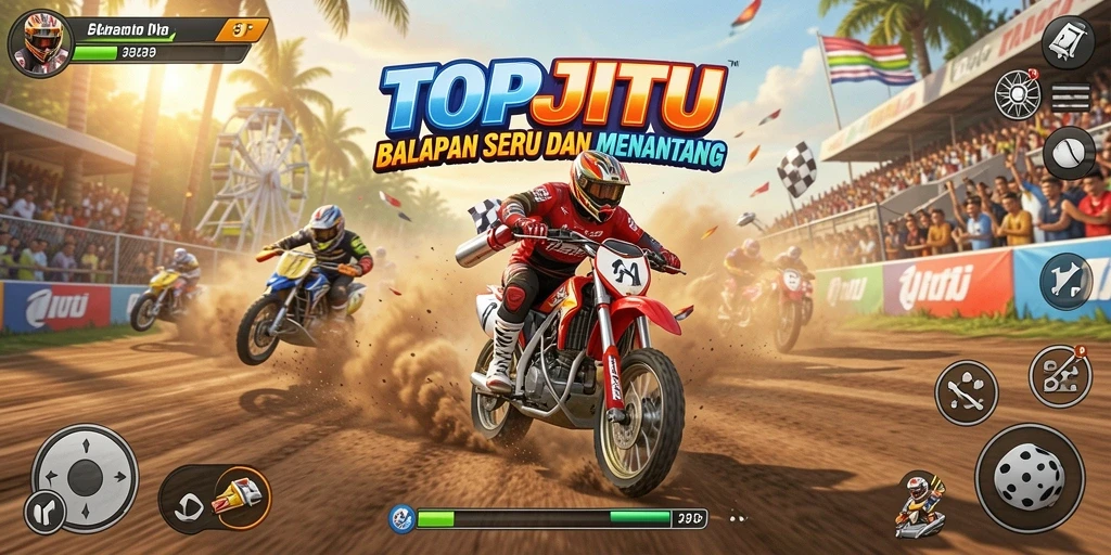 Screen gameplay TOPJITU menampilkan mobil balap di lintasan menantang.